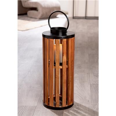 Gılde Fener Silindirik Ahşap Kahverengi Siyah Küçük Boy H.55 cm D.24 cm