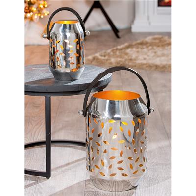 Gılde Yaprak Desenli Fener Paslanmaz Çelik Gümüş Renkli Küçük Boy 24 cm