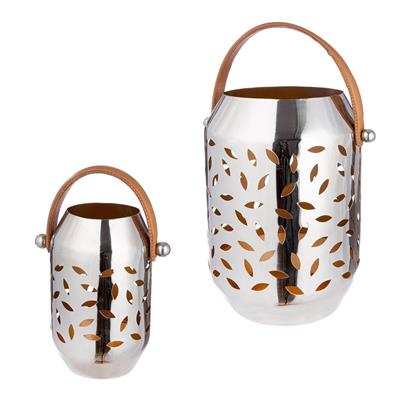 Gılde Yaprak Desenli Fener Paslanmaz Çelik Gümüş Renkli Büyük Boy 36 cm