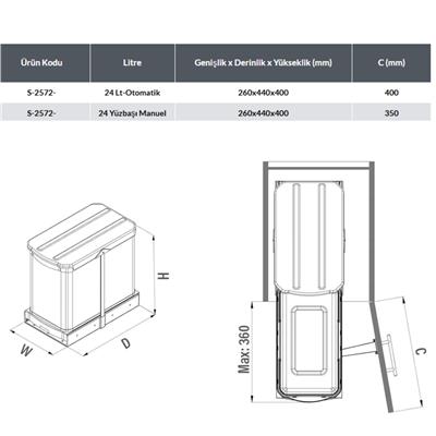 Gri Teleskopik Raylı Paslanmaz Gövde Çöp Kovası 24 Lt. ( S-2572-G )