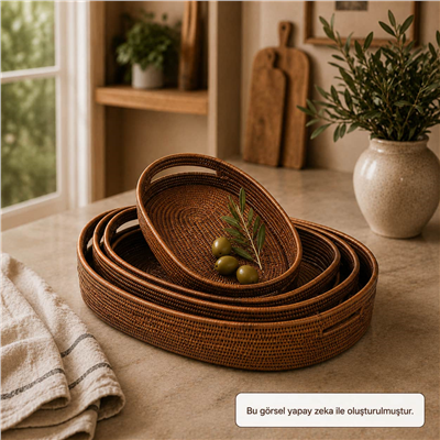 Hasır 4’lü Set Oval Tepsiler Kahverengi
