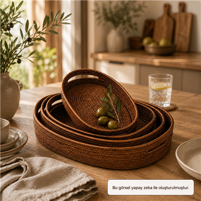 Hasır 4’lü Set Oval Tepsiler Kahverengi