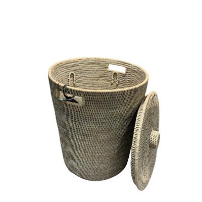 Hasır Çamaşır Sepeti Kapaklı Gri Çap 40x50 cm
