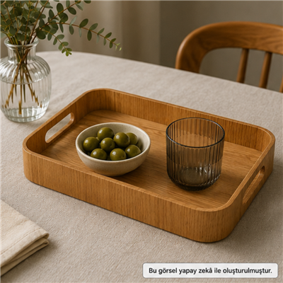 İskandinav Stil Ahşap Kulplu Kahve ve Kahvaltı Tepsisi - Medium - 40x32 cm
