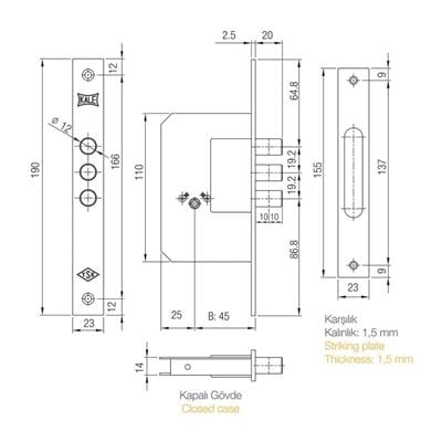 Kale Silindirli Gömme Emniyet Kilidi 3 Milli Köşeli 3 Anahtarlı Nikel