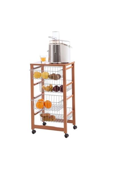 Kiraz Ağacı Renk Ahşap 4 Sepetli Mutfak Arabası