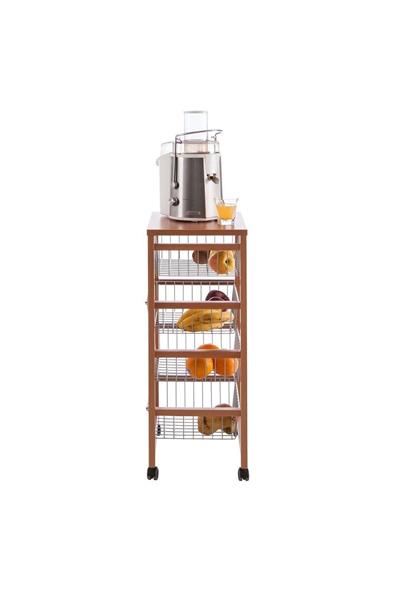 Kiraz Ağacı Renk Ahşap 4 Sepetli Mutfak Arabası