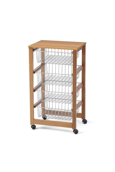 Kiraz Ağacı Renk Ahşap 4 Sepetli Mutfak Arabası