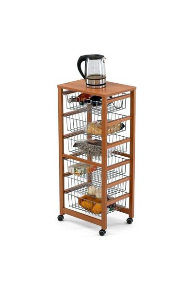 Kiraz Ağacı Renk Ahşap  6 Sepetli Mutfak Arabası