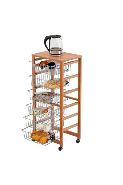 Kiraz Ağacı Renk Ahşap  6 Sepetli Mutfak Arabası