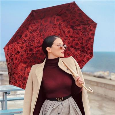 Kırmızı Gül Desenli Pirinç Saplı Çift Kat Kumaş Şemsiye 93 cm