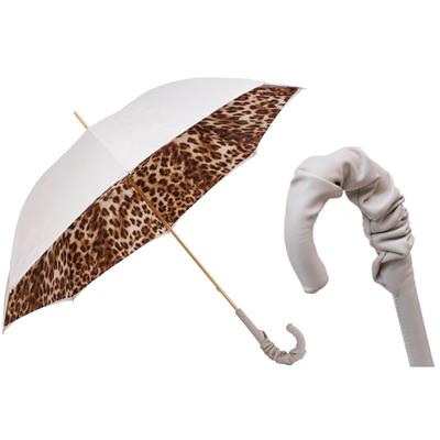 Leopar Desenli Büzgülü Deri Saplı Şemsiye 93 cm