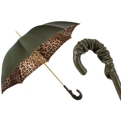 Zeytin Yeşili Leopar Desenli Büzgülü Deri Saplı Şemsiye 93 cm