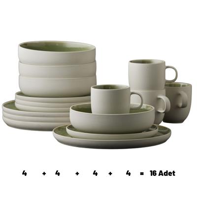 North Seramik Yemek Takımı 16 Parça Mat Beyaz/Parlak Yosun