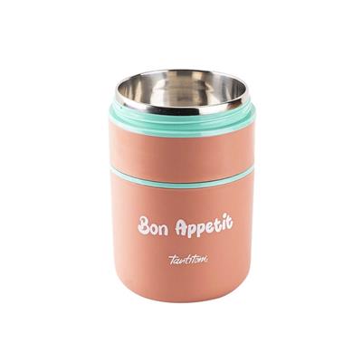 Paslanmaz Çelik Yuvarlak 2 Katlı Pembe-Yeşil Plastik Kaşıklı Yemek Taşıma Kabı 710Ml