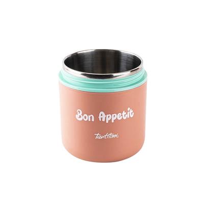 Paslanmaz Çelik Yuvarlak 2 Katlı Pembe-Yeşil Plastik Kaşıklı Yemek Taşıma Kabı 710Ml