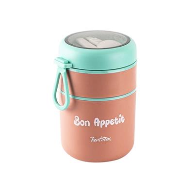 Paslanmaz Çelik Yuvarlak 2 Katlı Pembe-Yeşil Plastik Kaşıklı Yemek Taşıma Kabı 710Ml