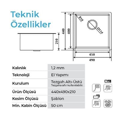 Stella 4449 Füme Siyah 490X440 Mm Eviye