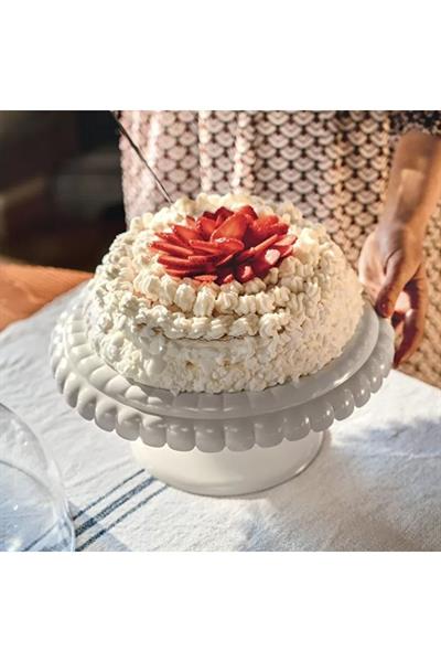 Süt Beyaz Kapaklı Ayaklı Kek Tabağı   36X28Cm