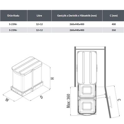 Teleskopik Raylı Paslanmaz Gövde 12+12 Çöp Kovası ( S-2396-G )