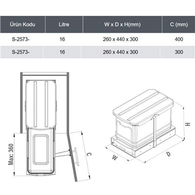 Teleskopik Raylı Plastik Gövde Çöp Kovası 16 Lt Anrasit