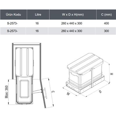 Teleskopik Raylı Plastik Gövde Çöp Kovası 16 Lt Gri
