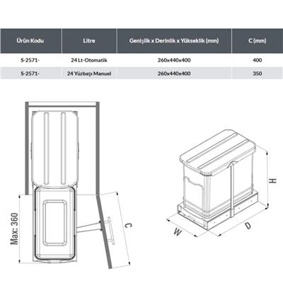 Teleskopik Raylı Plastik Gövde Çöp Kovası 24 Lt  ( S-2571-G )