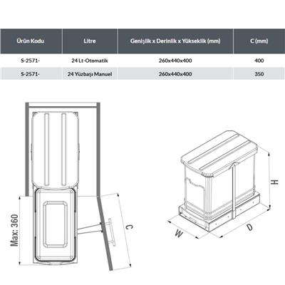 Teleskopik Raylı Plastik Gövde Çöp Kovası Antrasit 24 Lt. ( S-2571-A )