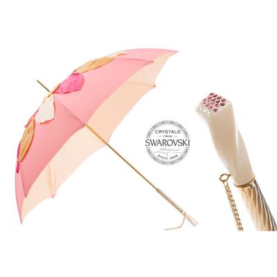 Swarovski® Kristal Saplı, Yapraklı Çift Kat Kumaşlı Pembe Şemsiye 93 cm