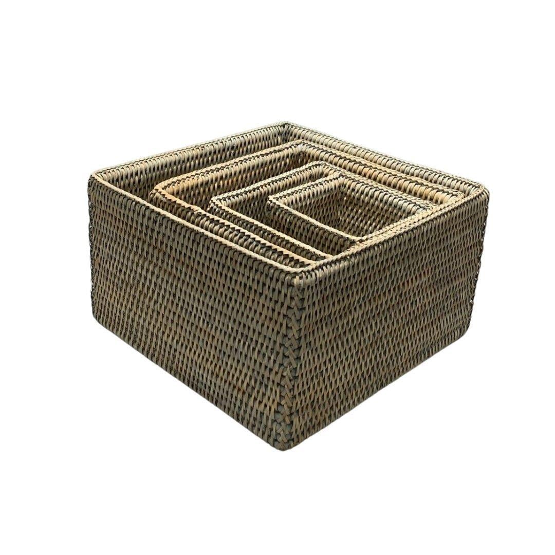 4'Lü Kare Hasır Sepetler Bej Renk 26X21X16X11 Cm