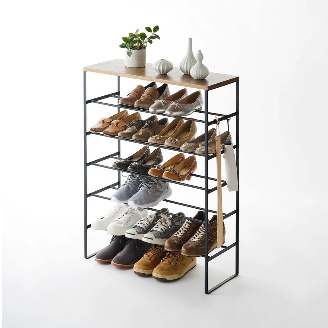 6 Katlı Ahşap Üstlü Çelik Ayakkabılık Siyah 87 cm