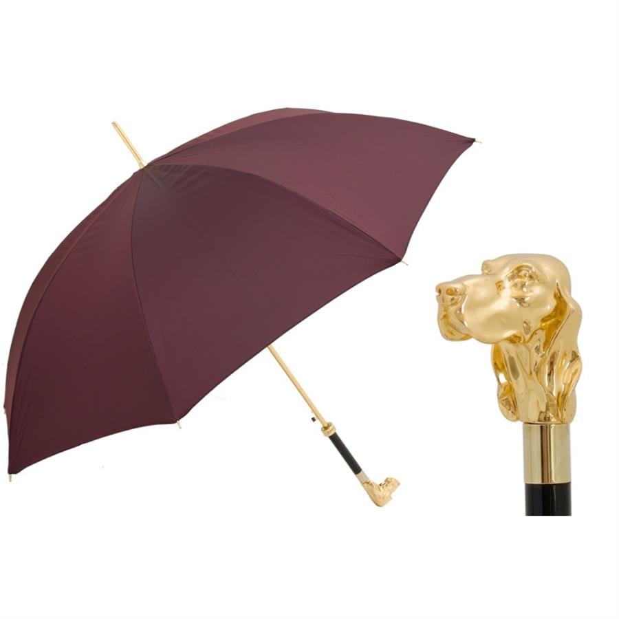Altın Köpekli Bordo Şemsiye Otomatik Açılır - %100 Polyester - Yaldızlı Reçine Sap Uzunluk: 95 Cm - Çap: 110 Cm