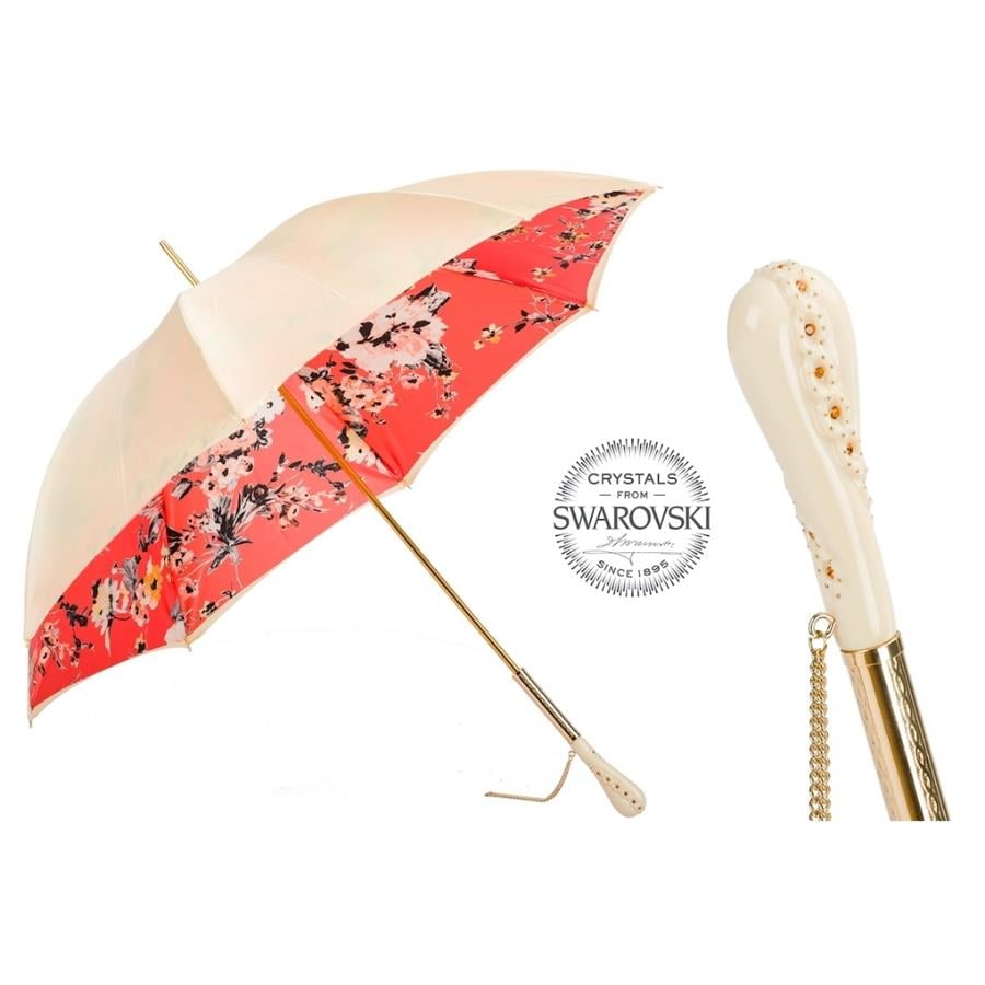 Çiçek Desenli Vintage Şemsiye, Çift Katlı Kumaş Manuel Açma - %100 Polyester - Swarovski® Kristalli Sap Uzunluk: 93 Cm - Çap: 102 Cm
