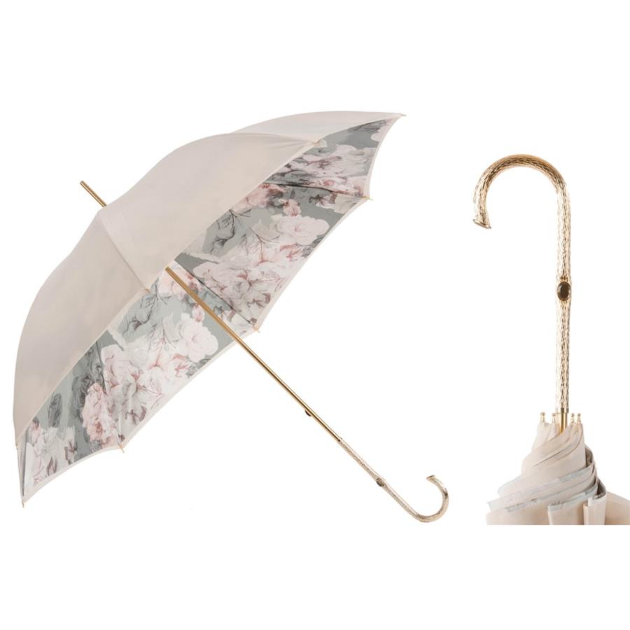 Çiçek Motifli, Çift Katlı Kumaştan Fildişi Rengi Şemsiye Manuel Açma - %100 Polyester - Pirinç Sap Uzunluk: 93 Cm - Çap: 102 Cm