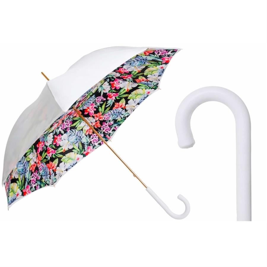 Çiçekli Beyaz Şemsiye Manuel Açma - %100 Polyester - Deri Sap Uzunluk: 93 Cm - Çap: 102 Cm