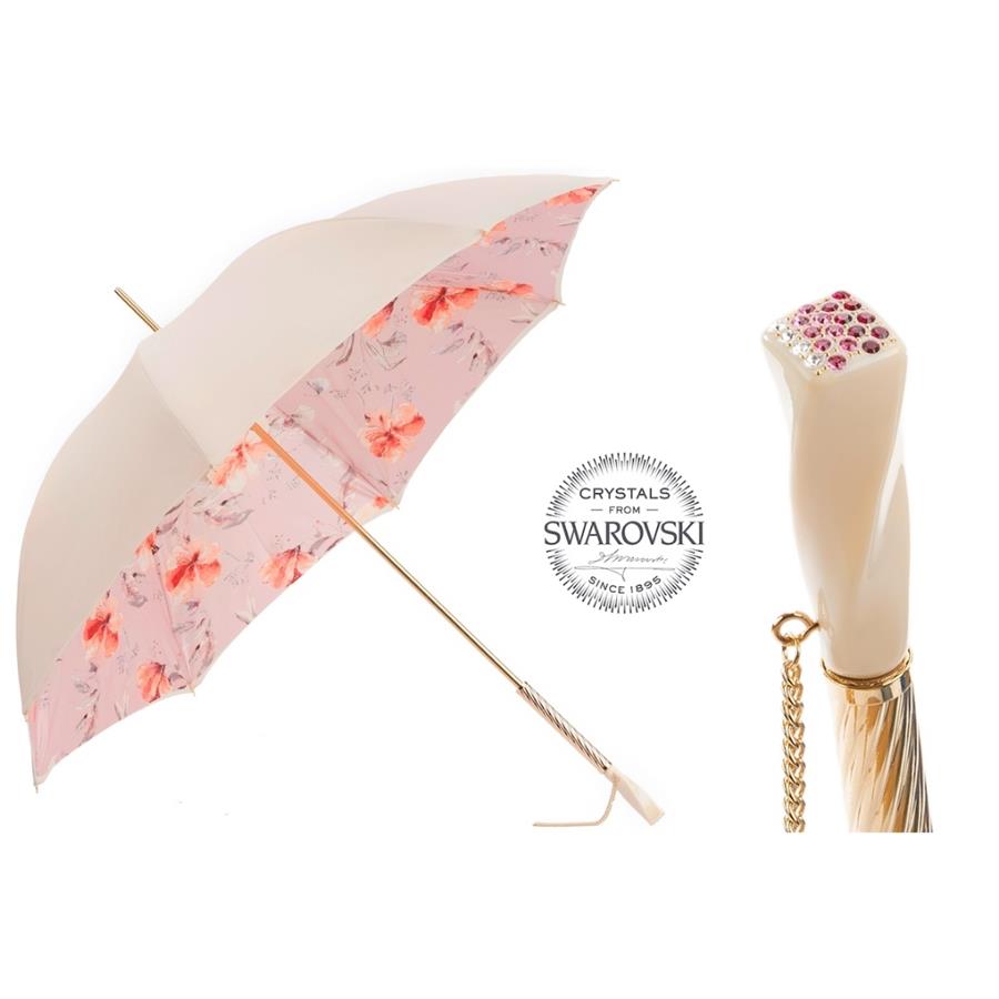 Fildişi Ve Pembe Çiçekli Şemsiye Manuel Açma - %100 Polyester - Swarovski® Kristalli Sap Uzunluk: 93 Cm - Çap: 102 Cm