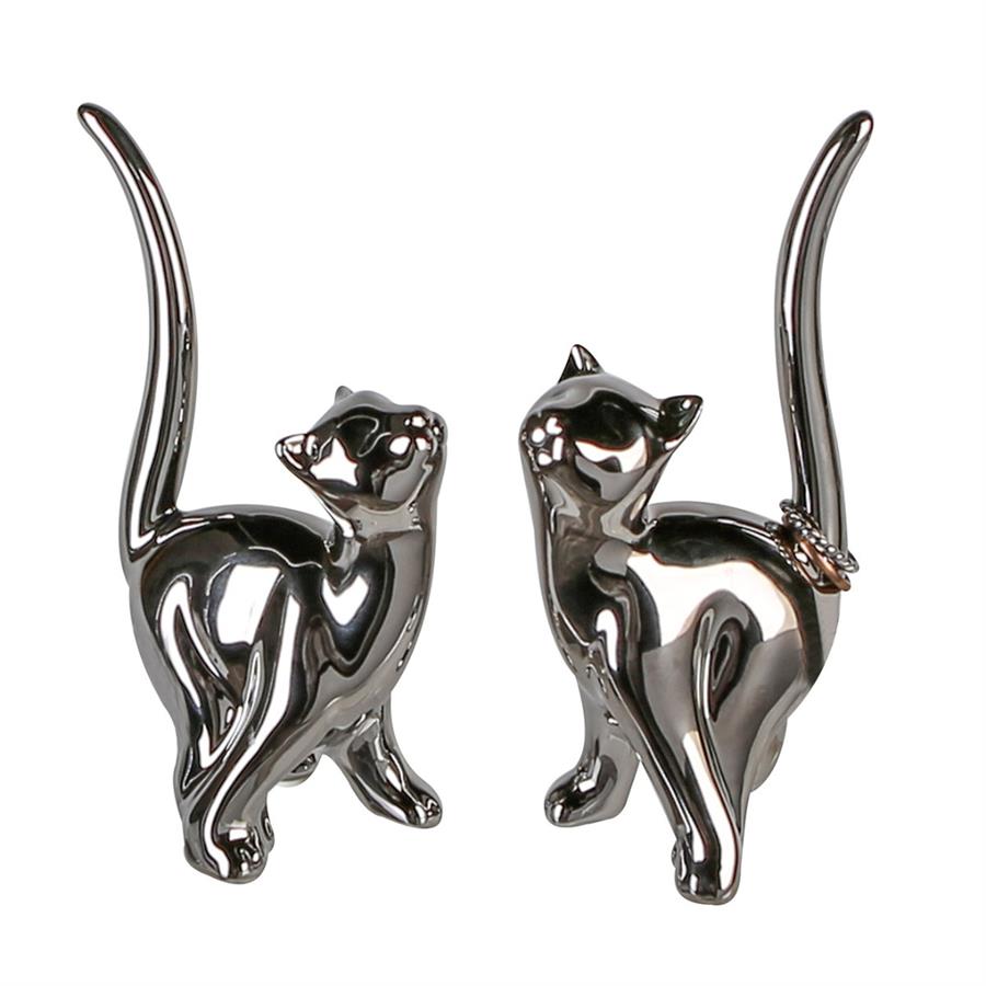 Gılde 2'Li Dekoratif Kedi Seramik Gümüş Renkli L.6 cm W.8 cm H.15 cm