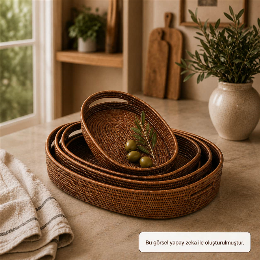 Hasır 4’lü Set Oval Tepsiler Kahverengi