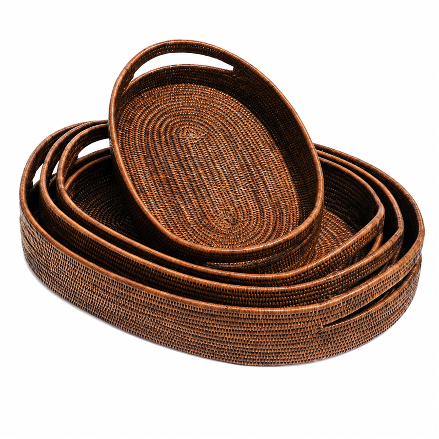 Hasır 4’lü Set Oval Tepsiler Kahverengi