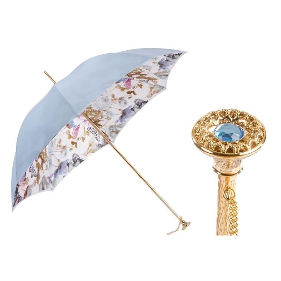 Kelebek Desenli Açık Mavi Doğa Şemsiyesi, Çift Katlı Kumaş Manuel Açma - %100 Polyester - İşlemeli Pirinç Sap Uzunluk: 93 Cm - Çap: 102 Cm