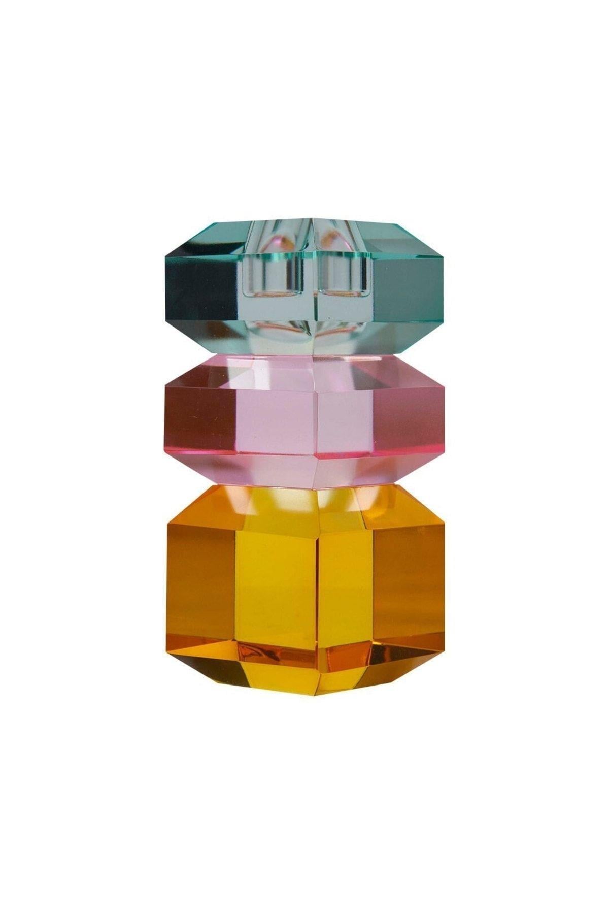 KRİSTAL MUM TUTUCU, L. NANE/L. PEMBE/SARI, 6X6X13 CM
