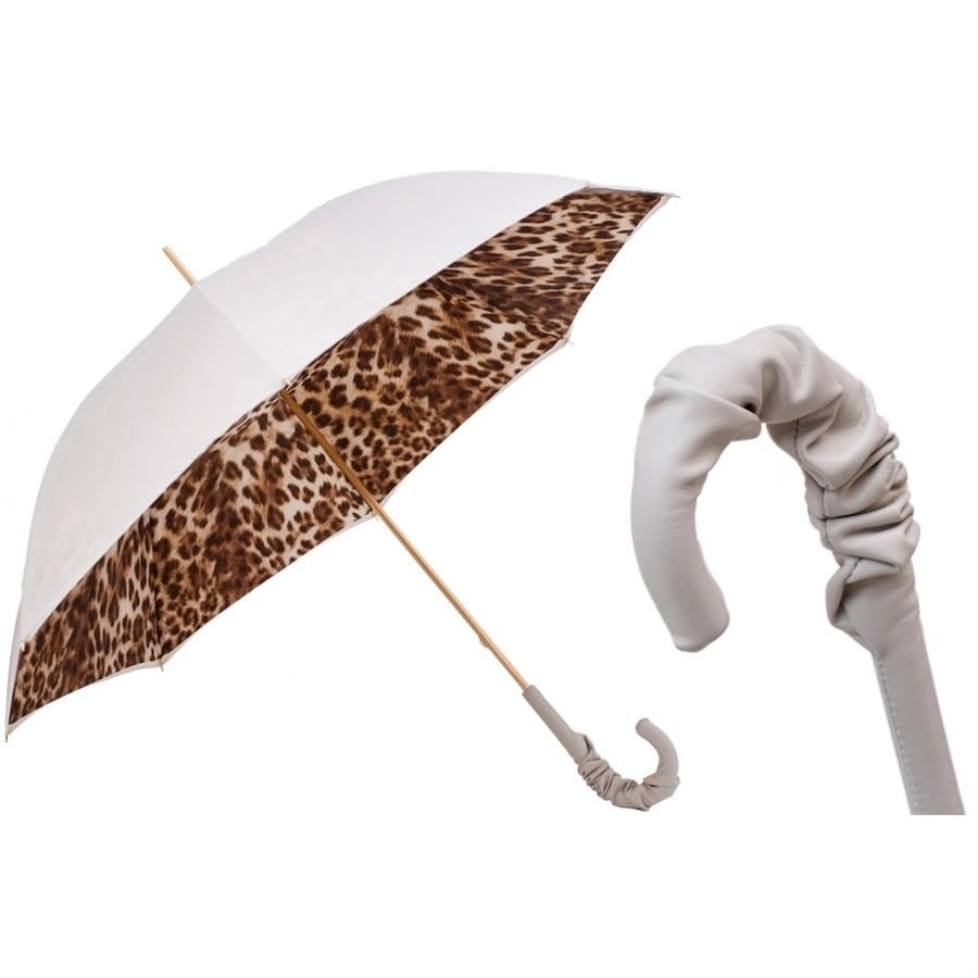 Leopar Desenli, Büzgülü Deri Saplı Şemsiye Manuel Açma - %100 Polyester - Deri Sap Uzunluk: 93 Cm - Çap: 102 Cm