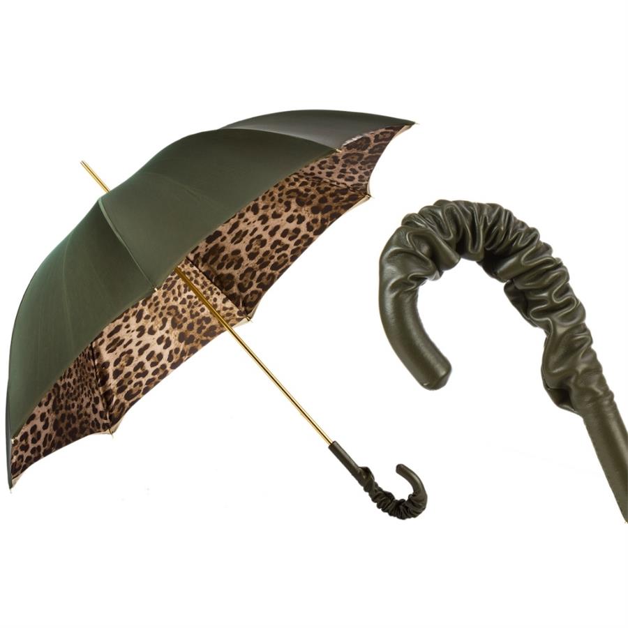 Leopar Desenli Zeytin Yeşili, Büzgülü Deri Saplı Şemsiye Manuel Açma - %100 Polyester - Deri Sap Uzunluk: 93 Cm - Çap: 102 Cm