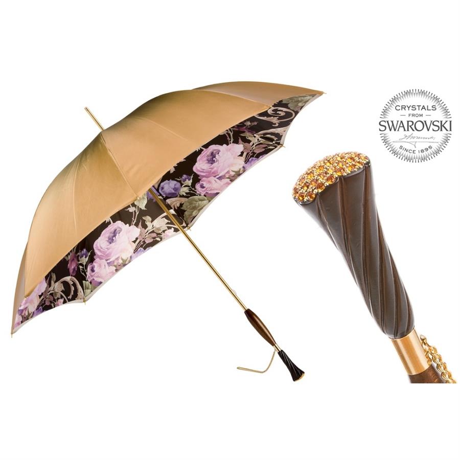 Lüks Vintage Şemsiye, Çift Katmanlı Kumaş Manuel Açma - %100 Polyester - Swarovski® Kristalli Sap Uzunluk: 93 Cm - Çap: 102 Cm