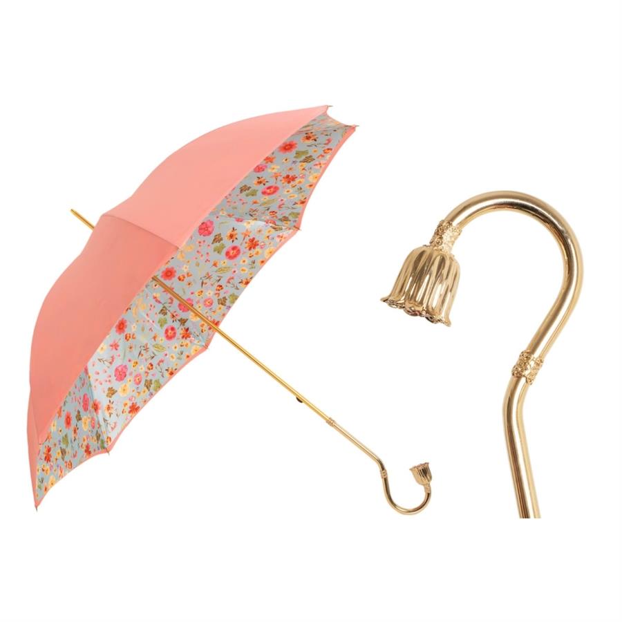 Pembe Çiçekli Şemsiye Manuel Açma - %100 Polyester - İşlemeli Pirinç Sap Uzunluk: 93 Cm - Çap: 102 Cm