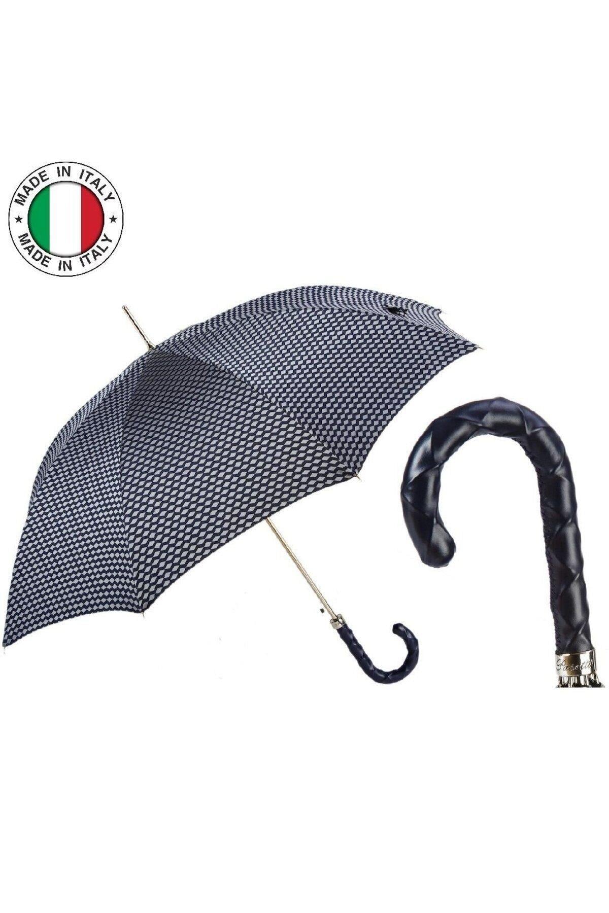 SİYAH DERİ SAPLI SİYAH/GRİ DESENLİ OTOMATİK ŞEMSİYE 95 CM