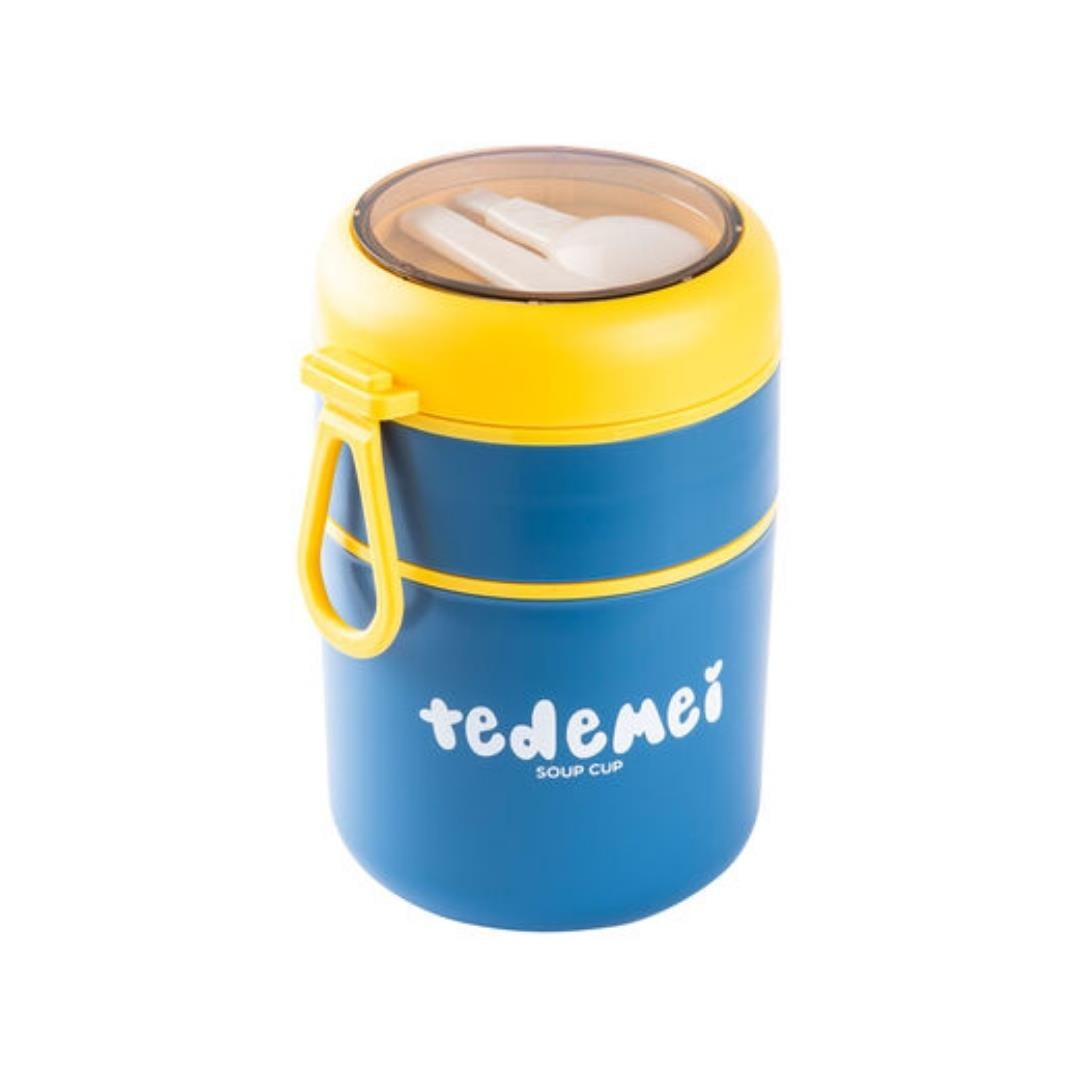 Tedemeı Mavi Paslanmaz Çelik 2 Katlı Pembe-Yeşil Plastik Kaşıklı Yemek Taşıma Kabı 710Ml