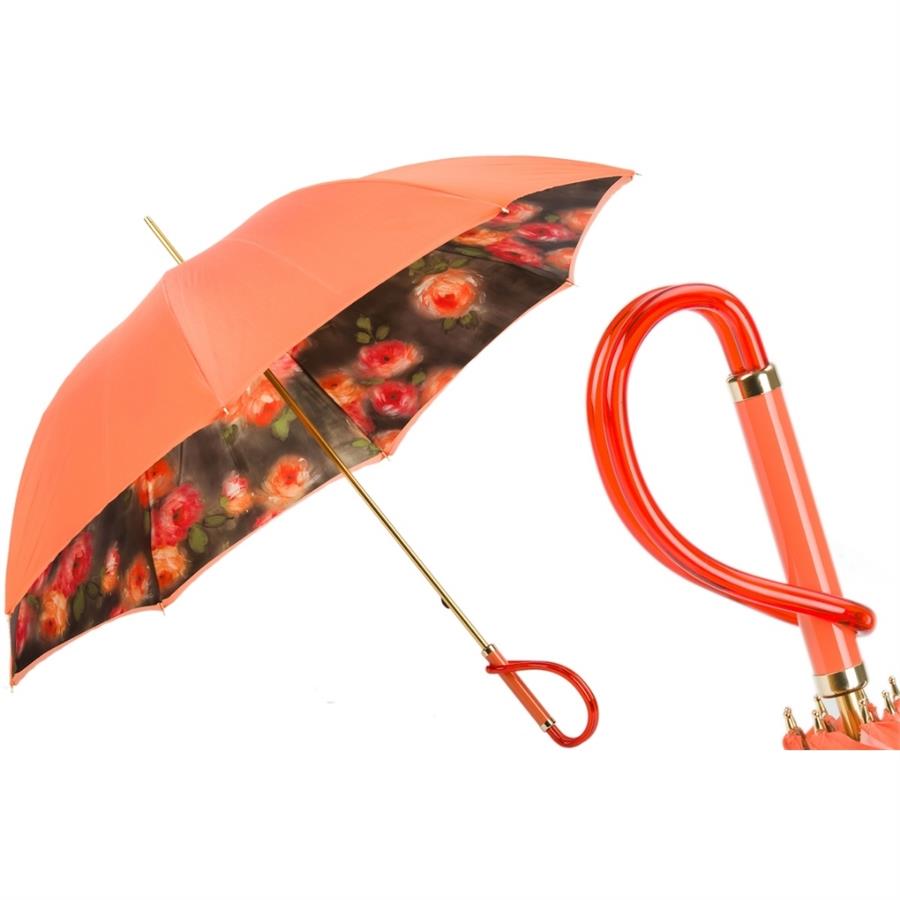 Turuncu Çiçekli Şemsiye, Çift Katlı Kumaş Manuel Açma - %100 Polyester - Asetat Sap Uzunluk: 93 Cm - Çap: 102 Cm