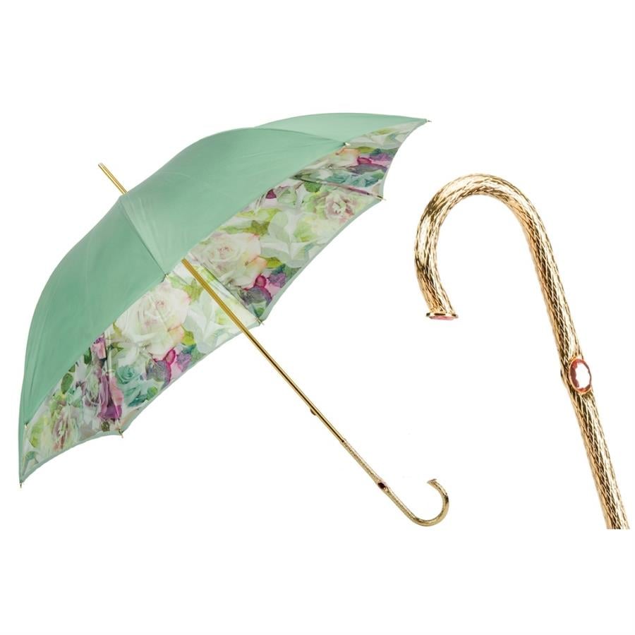 Yeşil Ve Pembe Güller Desenli Çift Katlı Şemsiye Manuel Açma - %100 Polyester - İşlemeli Pirinç Sap Uzunluk: 93 Cm - Çap: 102 Cm