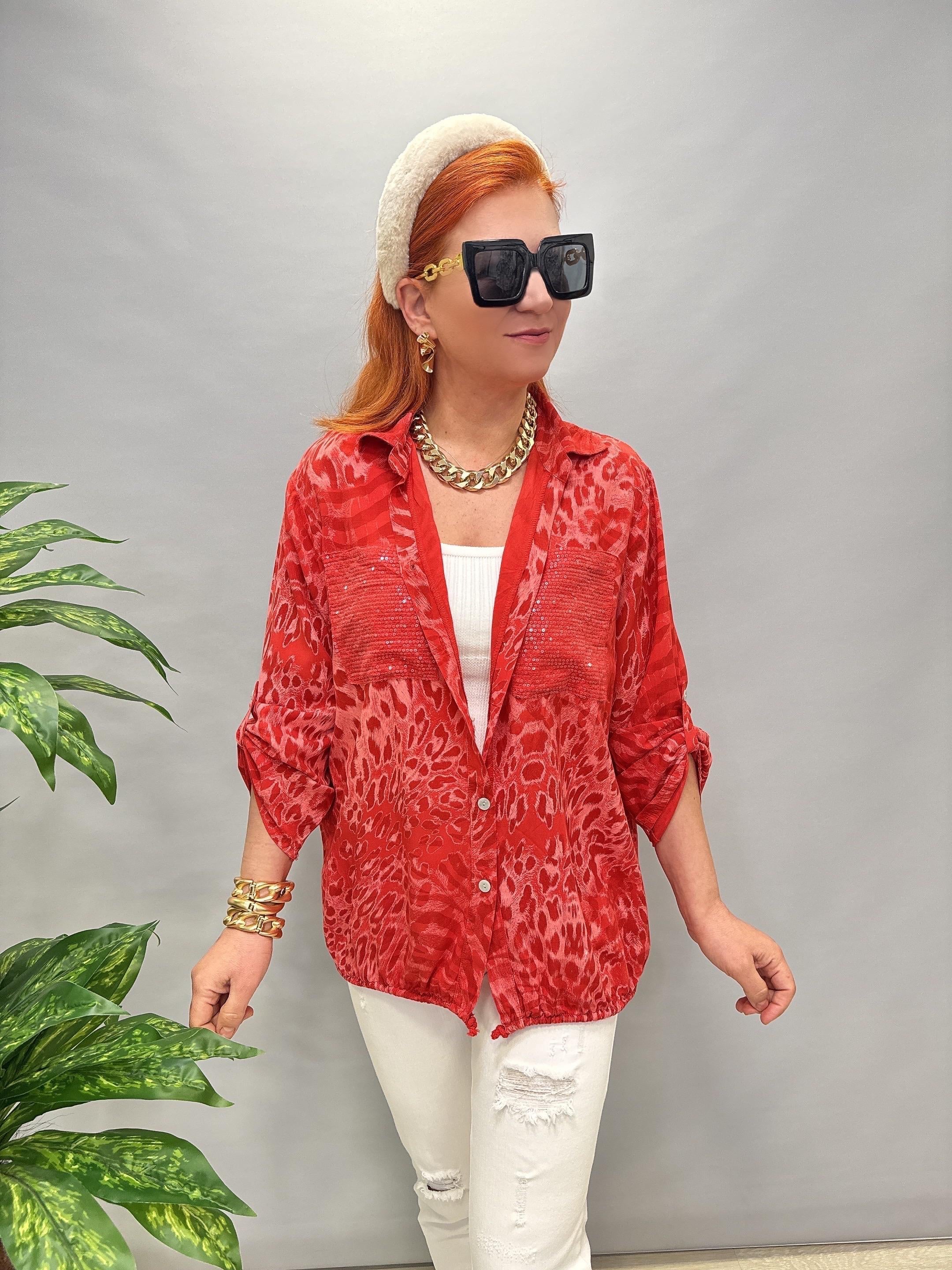 8074 İTALYAN PAMUKLU VİSKON GÖMLEK BLUZ MERCAN 